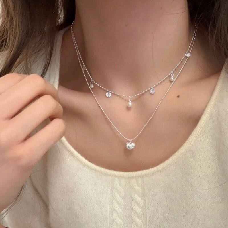 Double Layer Silver Bead Choke - Layered Pendant Necklace Aesthetic recension och pris